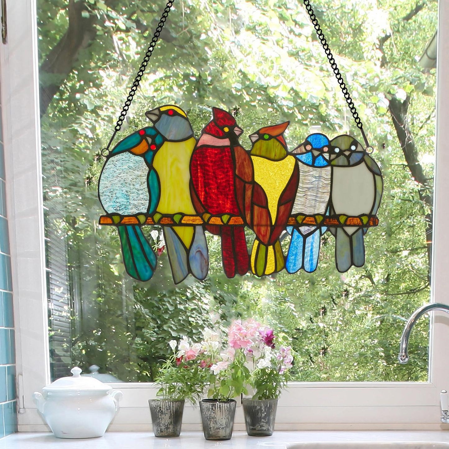 15"W Birds in Love Stained Glass Window Panel