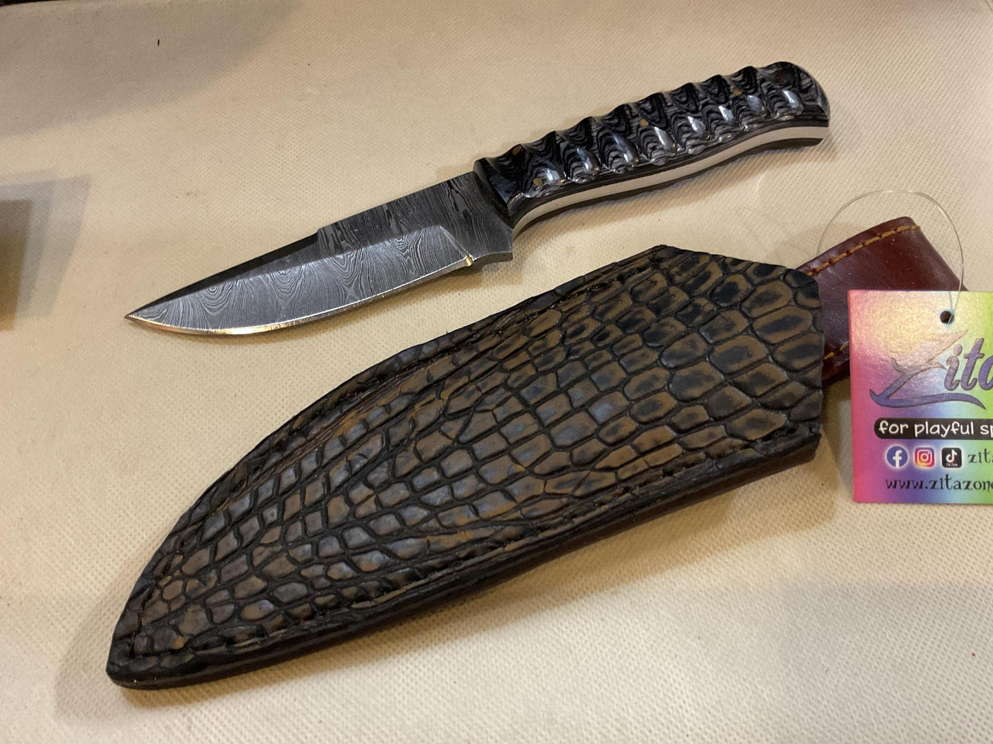 8” Worked Wood Handle with Crocodile Sheath