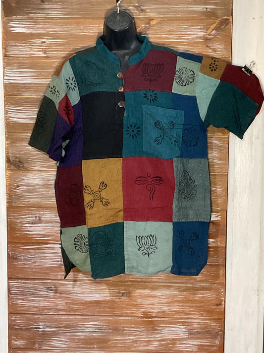 Mixed Patchwork Short Sleeve Henley