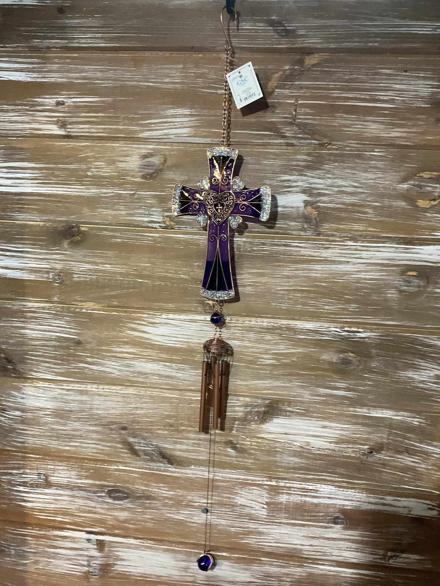 Stained Glass  Purple Cross Wind Chime