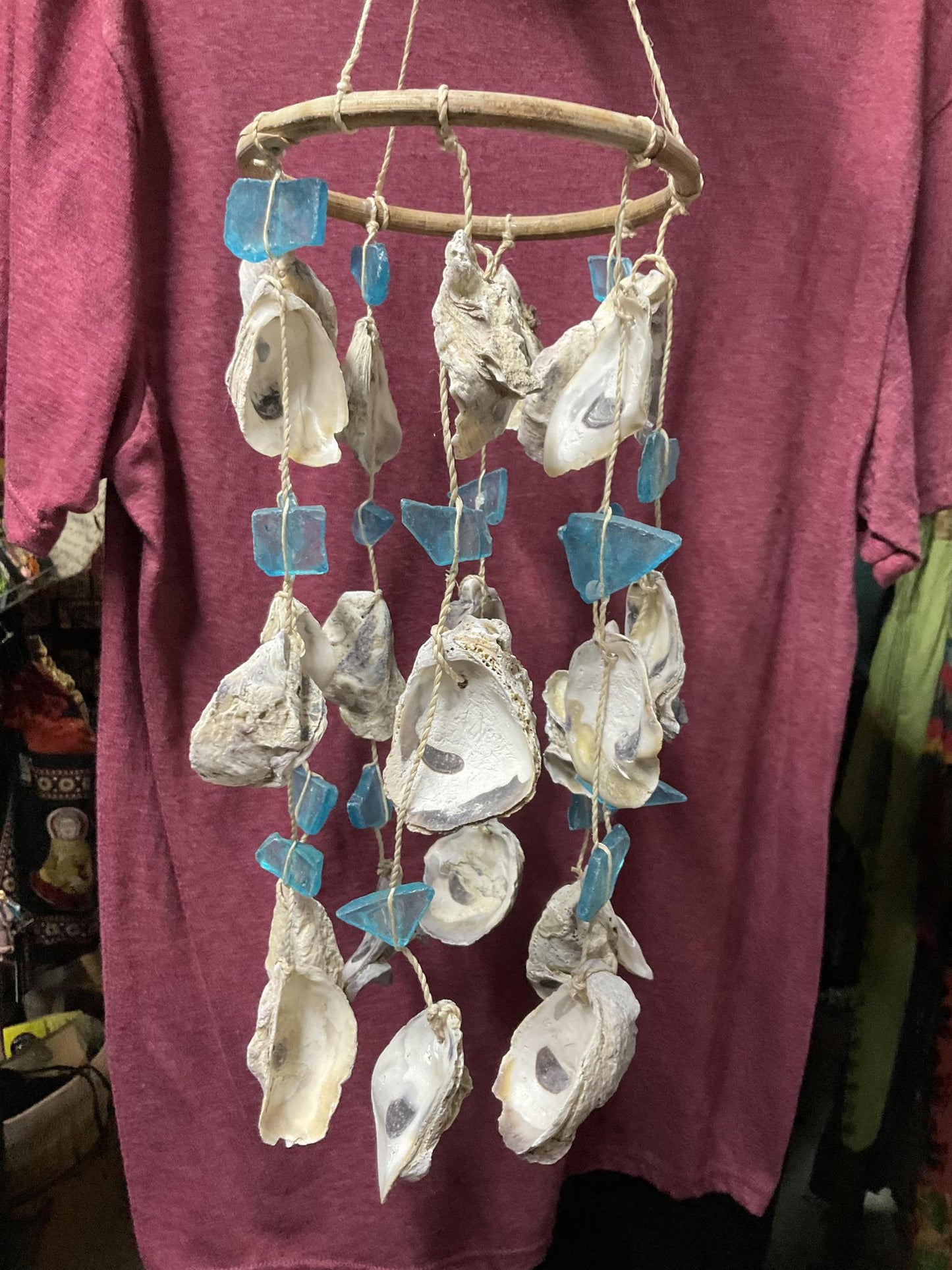 Oyster Shell and Turquoise Sea Glass Mobile