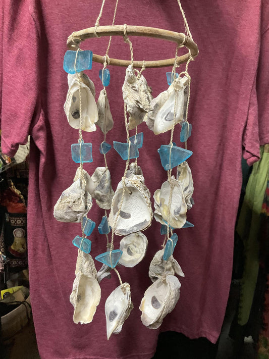 Oyster Shell and Turquoise Sea Glass Mobile