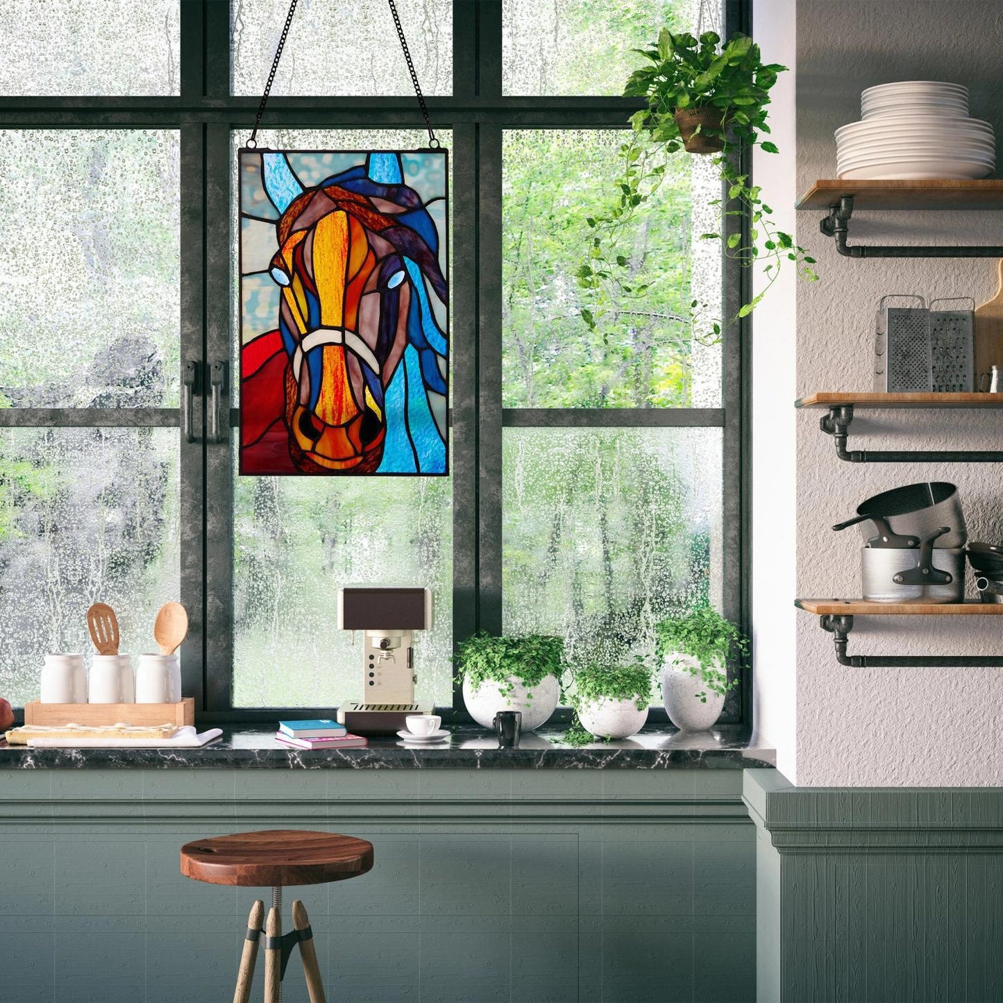 13"H Roz Horse Stained Glass Window Panel