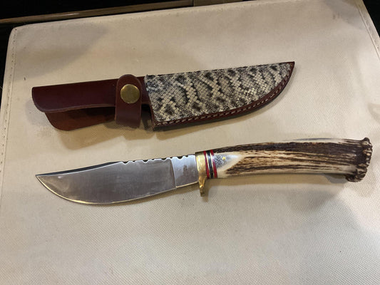10.5" Fixed Knife with Antler Handle and Rattlesnake Sheath